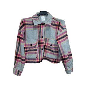 Trendy So Plaid Shacket Peacoat Jacket - Women's Large - Gray Red Pink Button-Up